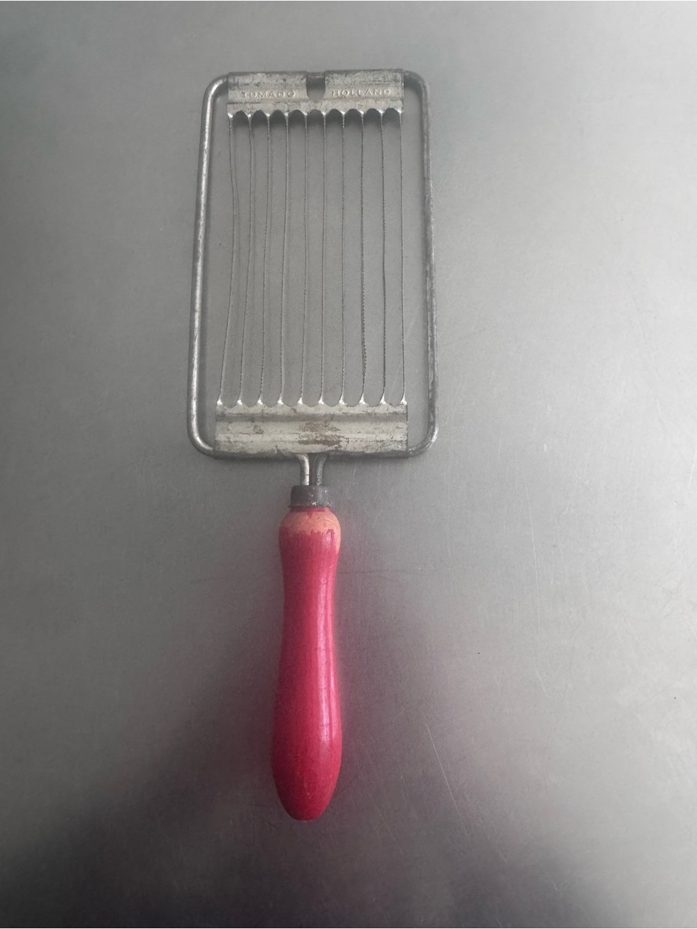 Vintage Stainless Wire Egg Tomato Slicer with Red Wood Handle